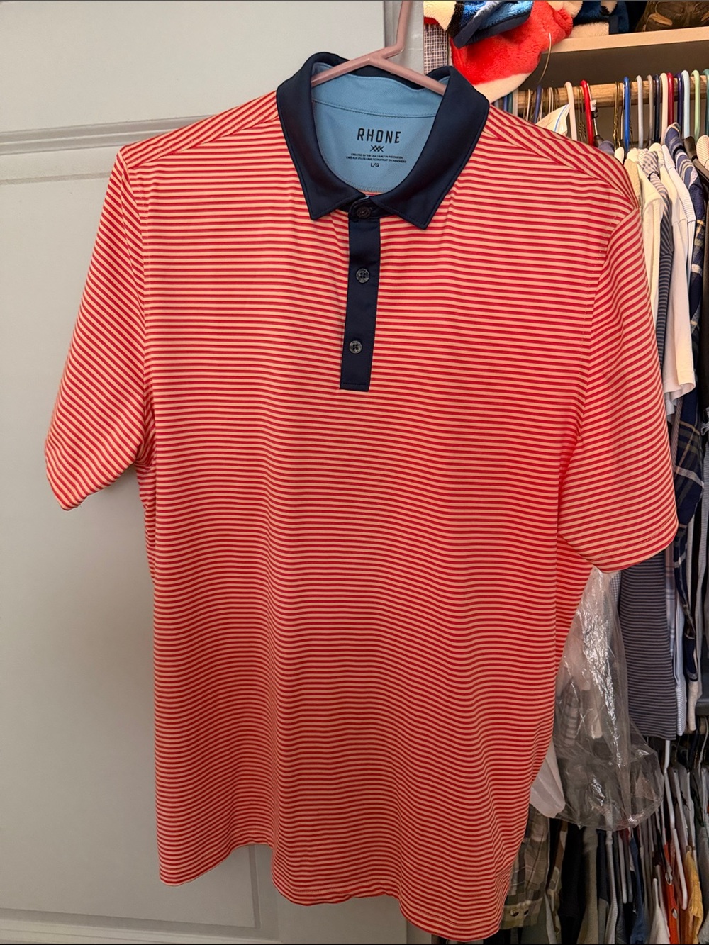 RHONE Red & White Striped Polo with Navy Collar